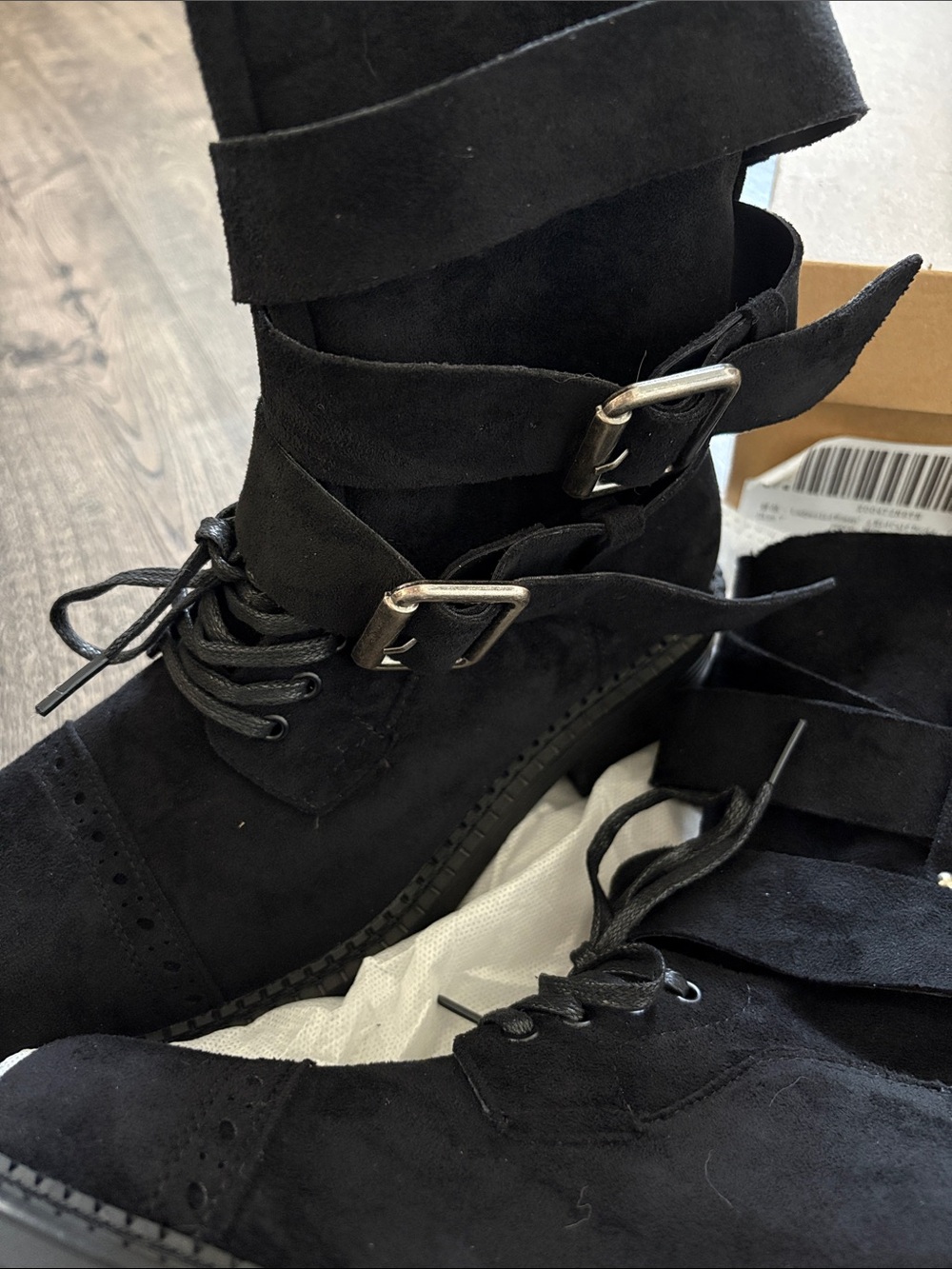 Women's Black Lace-Up Suede Buckle Boots